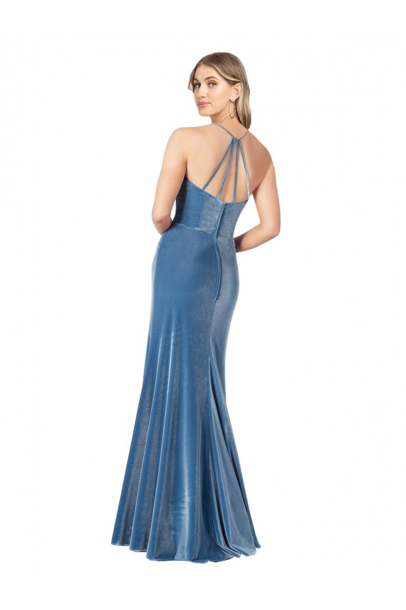 Mejores Negro Cubierta Tirantes espagueti Cuello joya Terciopelo Elástico Largo Formales Vestidos de dama de honor / Vestidos de fiesta