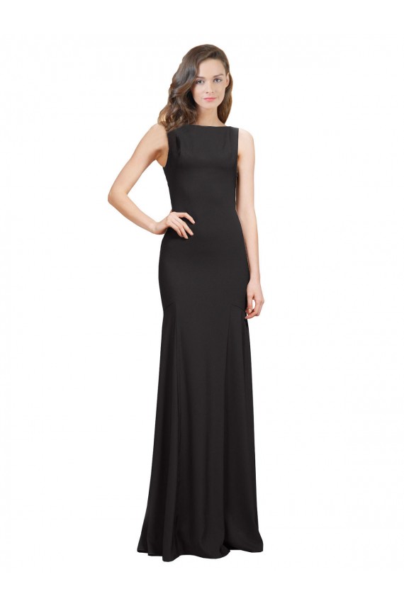 Mejores Negro Sirena Barco Crepé Elástico Largo Vestidos de dama de honor / Vestidos de fiesta