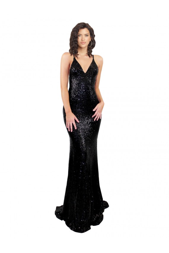 Mejores Negro Sirena Cuello en V Lentejuela Largo Formales Vestidos de dama de honor / Vestidos de fiesta