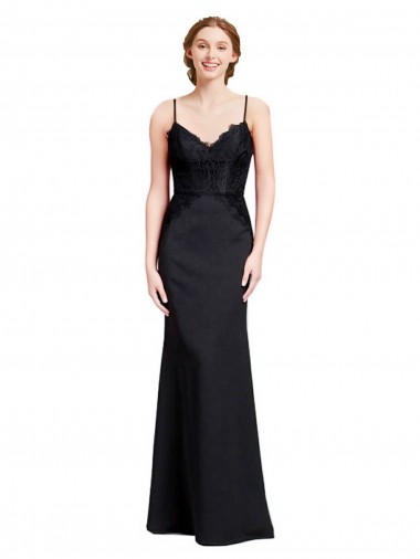Mejores Negro Sirena Tirantes espagueti Cuello en V Crepé Elástico Largo Vestidos de dama de honor / Vestidos de fiesta