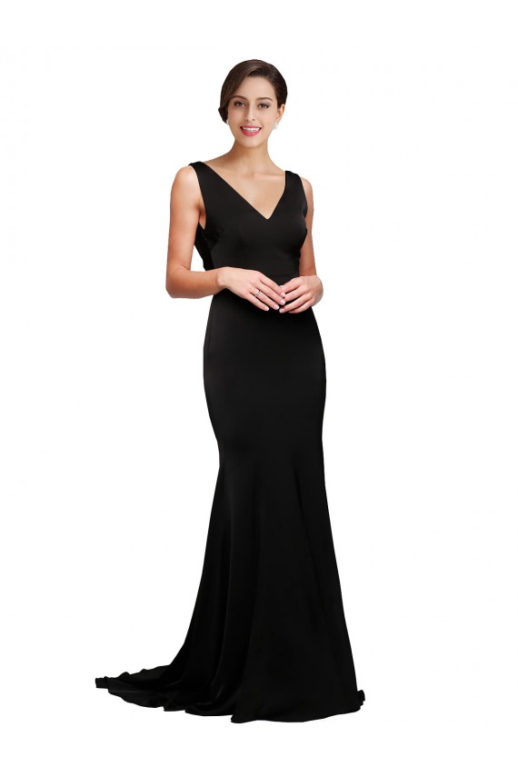 Mejores Negro línea A Cuello en V Barrer tren Satén sedoso Largo Formales Vestidos de dama de honor / Vestidos de fiesta