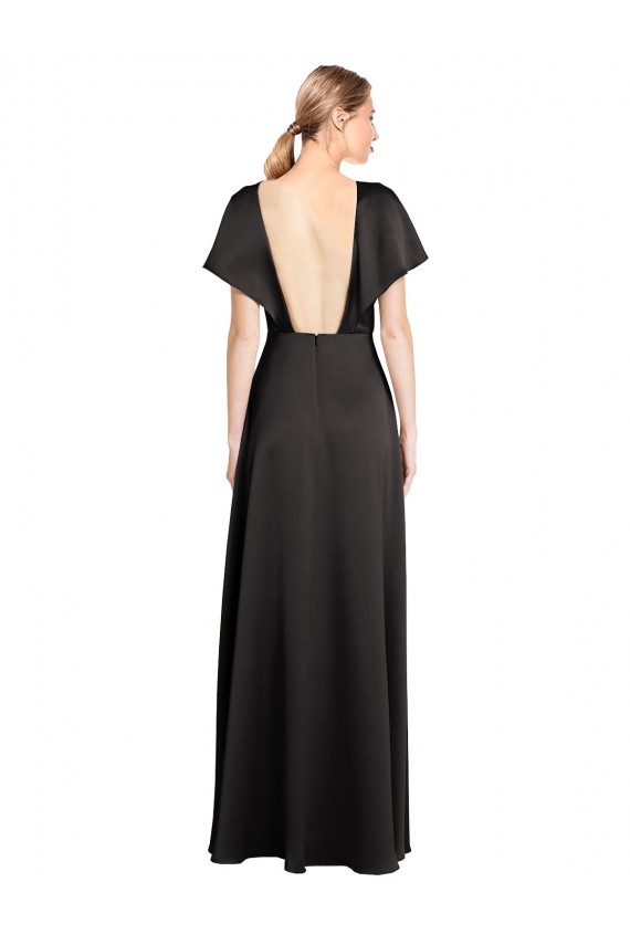 Mejores Negro línea A Cuello en V Satén elástico Largo Formales Vestidos de dama de honor / Vestidos de fiesta
