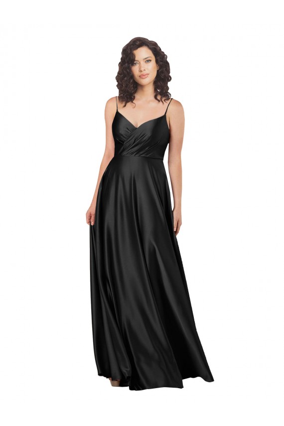 Mejores Negro línea A Cuello en V Satén sedoso Largo Formales Vestidos de dama de honor / Vestidos de fiesta