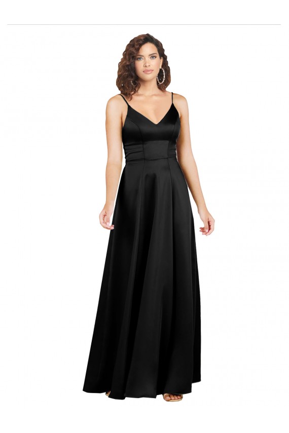 Mejores Negro línea A Cuello en V Satén sedoso Largo Formales Vestidos de dama de honor / Vestidos de fiesta