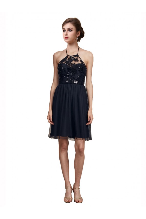 Mejores Negro línea A Halter Tul Corto Vestidos de dama de honor