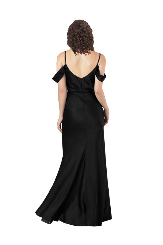 Mejores Negro línea A Hombros Descubiertos Satén sedoso Largo Formales Vestidos de dama de honor / Vestidos de fiesta