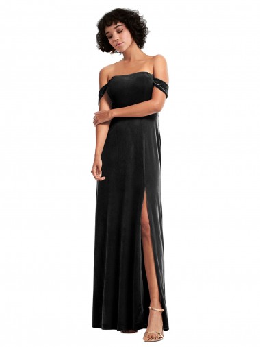 Mejores Negro línea A Hombros Descubiertos Sin tirantes Terciopelo Elástico Largo Formales Vestidos de dama de honor / Vestidos de fiesta