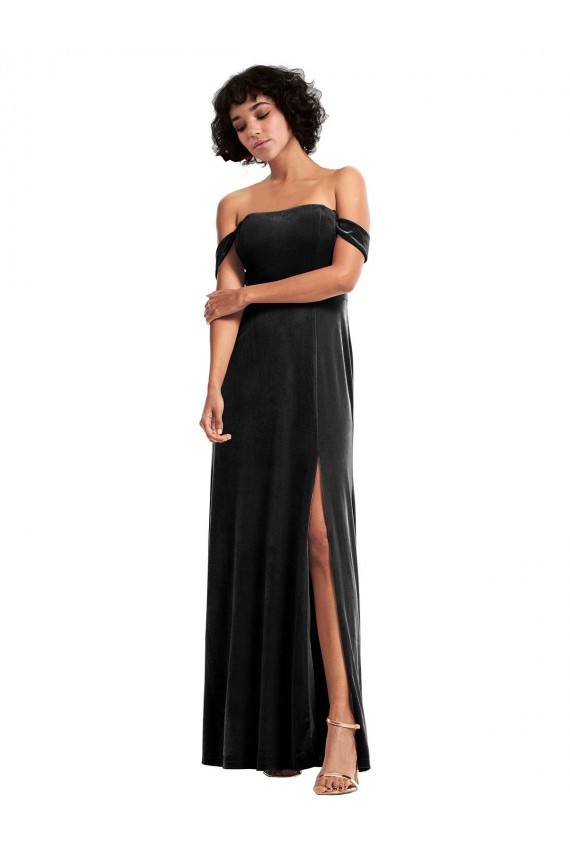 Mejores Negro línea A Hombros Descubiertos Sin tirantes Terciopelo Elástico Largo Formales Vestidos de dama de honor / Vestidos de fiesta