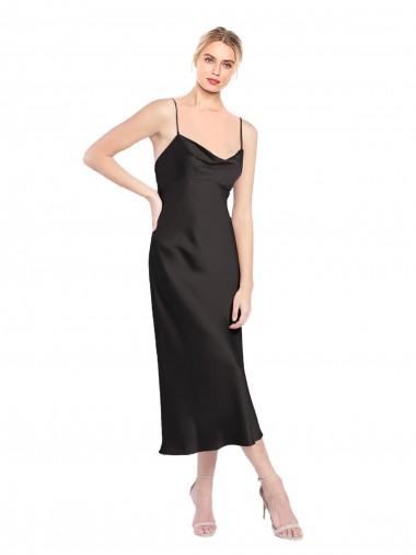 Mejores Negro línea A Tirantes espagueti Midi Satén elástico Corto Formales Vestidos de dama de honor / Vestidos de fiesta / Vestidos de cóctel