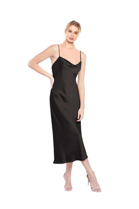Mejores Negro línea A Tirantes espagueti Midi Satén elástico Corto Formales Vestidos de dama de honor / Vestidos de fiesta / Vestidos de cóctel