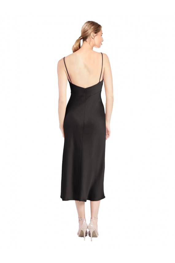 Mejores Negro línea A Tirantes espagueti Midi Satén elástico Corto Formales Vestidos de dama de honor / Vestidos de fiesta / Vestidos de cóctel