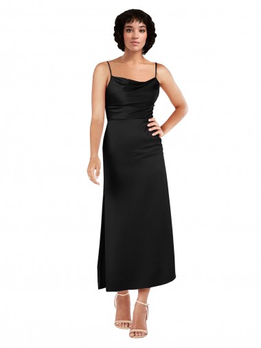Mejores Negro línea A Tirantes espagueti Satén sedoso Corto Formales Vestidos de dama de honor / Vestidos de fiesta / Vestidos de cóctel