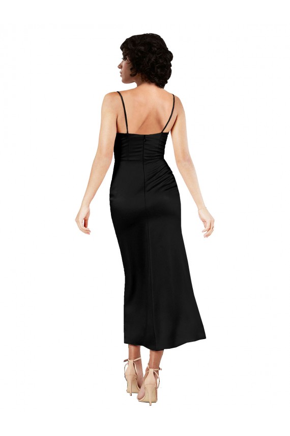 Mejores Negro línea A Tirantes espagueti Satén sedoso Corto Formales Vestidos de dama de honor / Vestidos de fiesta / Vestidos de cóctel