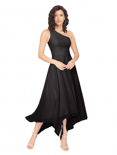 Mejores Negro línea A Un Hombre Sin tirantes Midi Gasa Corto Asimétrico Vestidos de dama de honor / Vestidos de cóctel / Vestidos para homecoming