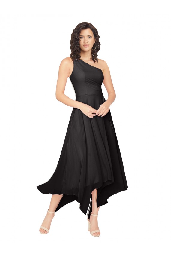 Mejores Negro línea A Un Hombre Sin tirantes Midi Gasa Corto Asimétrico Vestidos de dama de honor / Vestidos de cóctel / Vestidos para homecoming