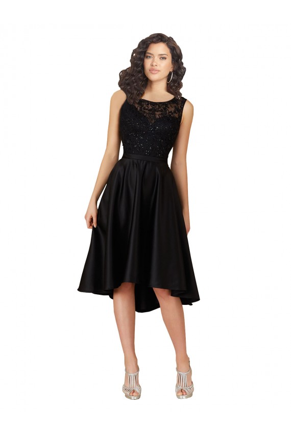 Mejores Negro línea A Ilusión Midi Satén Encaje Corto Asimétrico Vestidos de dama de honor / Vestidos de cóctel / Vestidos para homecoming