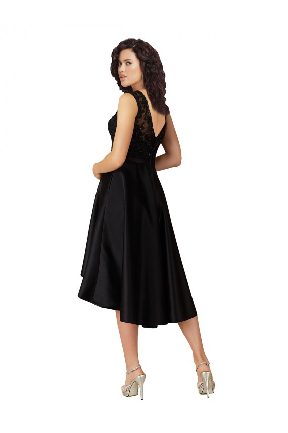 Mejores Negro línea A Ilusión Midi Satén Encaje Corto Asimétrico Vestidos de dama de honor / Vestidos de cóctel / Vestidos para homecoming