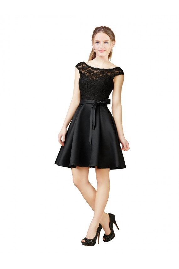 Mejores Negro línea A Ilusión Satén Encaje Corto Vestidos de dama de honor / Vestidos de cóctel