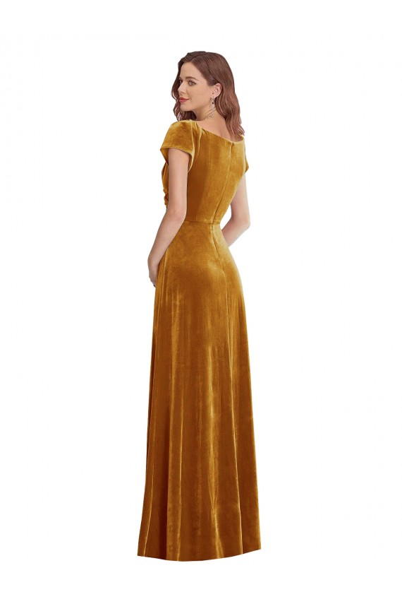 Mejores Oro Cubierta Cuello en V Terciopelo Elástico Largo Formales Vestidos de dama de honor / Vestidos de fiesta