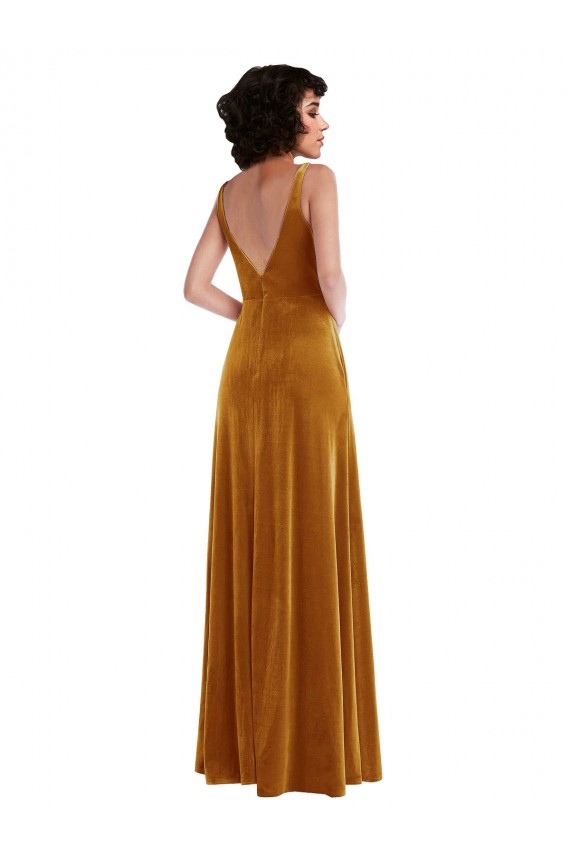 Mejores Oro Trompeta Cuello en V Terciopelo Elástico Largo Vestidos de dama de honor / Vestidos de fiesta
