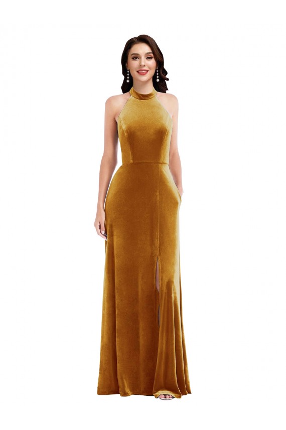 Mejores Oro Trompeta Halter Cuello Alto Terciopelo Elástico Largo Vestidos de dama de honor / Vestidos de fiesta