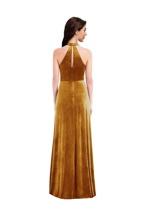 Mejores Oro Trompeta Halter Cuello Alto Terciopelo Elástico Largo Vestidos de dama de honor / Vestidos de fiesta