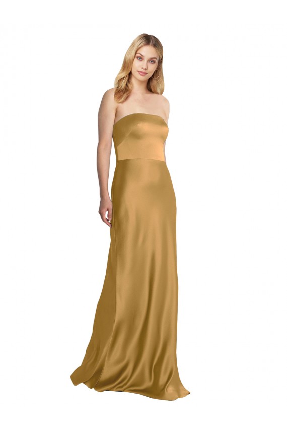 Mejores Oro línea A Sin tirantes Satén elástico Largo Formales Vestidos de dama de honor / Vestidos de fiesta