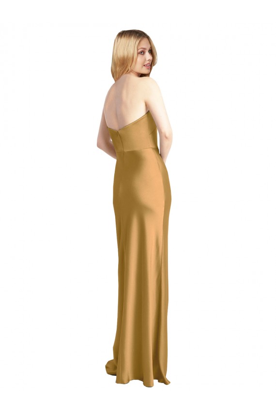 Mejores Oro línea A Sin tirantes Satén elástico Largo Formales Vestidos de dama de honor / Vestidos de fiesta