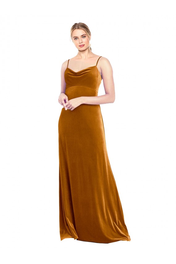 Mejores Oro línea A Tirantes espagueti Terciopelo Elástico Largo Vestidos de dama de honor / Vestidos de fiesta