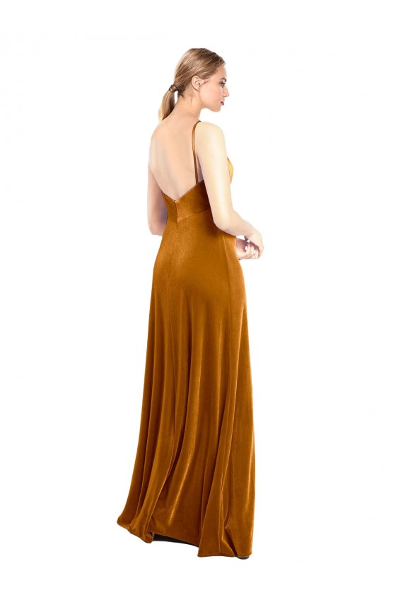 Mejores Oro línea A Tirantes espagueti Terciopelo Elástico Largo Vestidos de dama de honor / Vestidos de fiesta