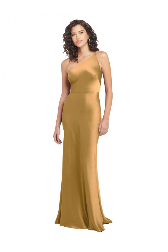 Mejores Oro línea A Un Hombre Satén elástico Largo Formales Vestidos de dama de honor / Vestidos de fiesta