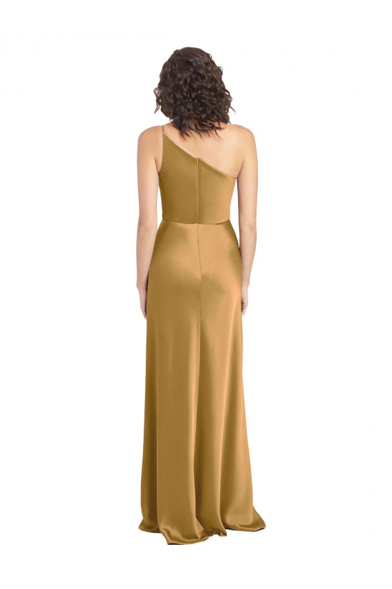 Mejores Oro línea A Un Hombre Satén elástico Largo Formales Vestidos de dama de honor / Vestidos de fiesta