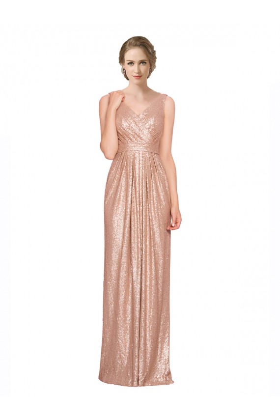 Mejores Oro rosa Cubierta Cuello en V Lentejuela Largo Formales Vestidos de dama de honor / Vestidos de fiesta