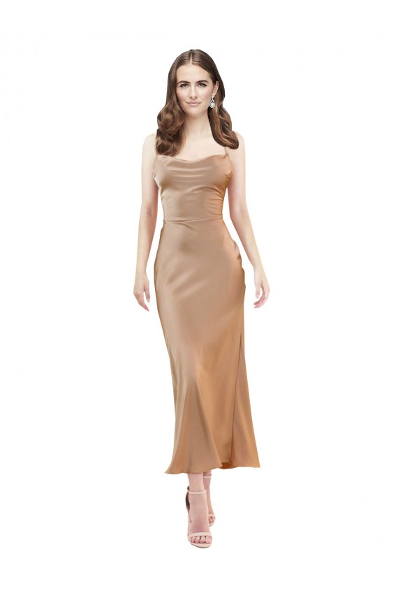 Mejores Oro rosa Cubierta Midi Satén sedoso Corto Formales Vestidos de dama de honor / Vestidos de fiesta / Vestidos de cóctel