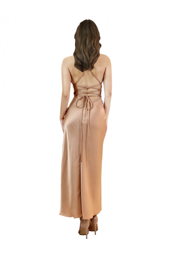 Mejores Oro rosa Cubierta Midi Satén sedoso Corto Formales Vestidos de dama de honor / Vestidos de fiesta / Vestidos de cóctel