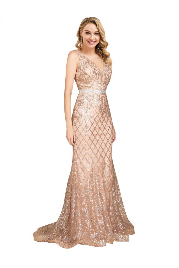 Mejores Oro rosa Sirena Cuello en V Lentejuela Lentejuelas brillantes Largo Formales Vestidos de dama de honor / Vestidos de fiesta