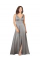 Mejores Pearl Grey línea A Cuello en V Satén sedoso Largo Formales Vestidos de dama de honor / Vestidos de fiesta