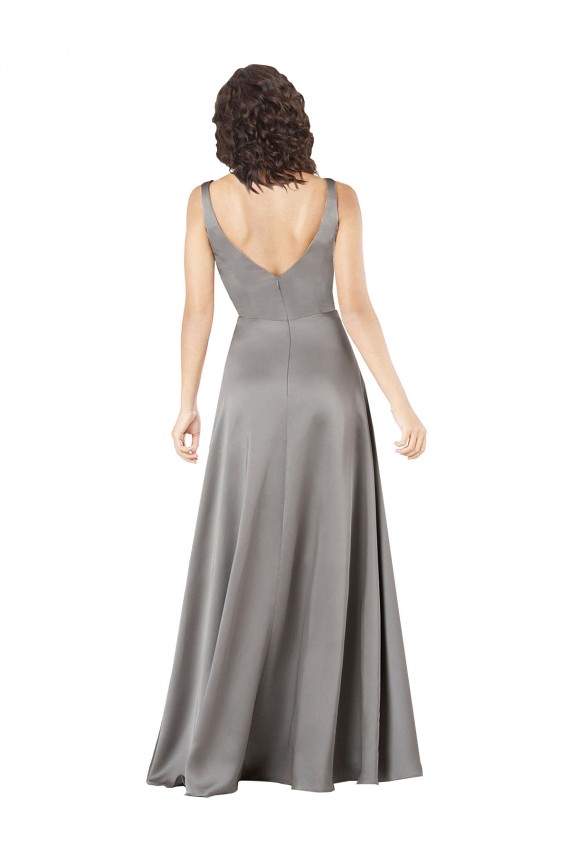 Mejores Pearl Grey línea A Cuello en V Satén sedoso Largo Formales Vestidos de dama de honor / Vestidos de fiesta