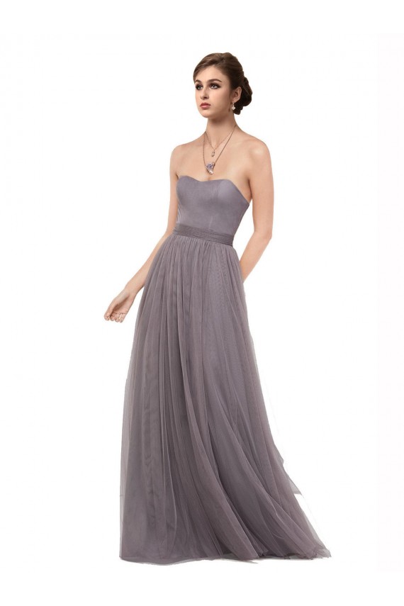 Mejores Pewter línea A Tirantes espagueti Tul Largo Vestidos de dama de honor