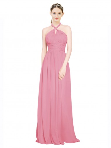 Mejores Piel rosa línea A Halter Cuello en V Gasa Largo Vestidos de dama de honor