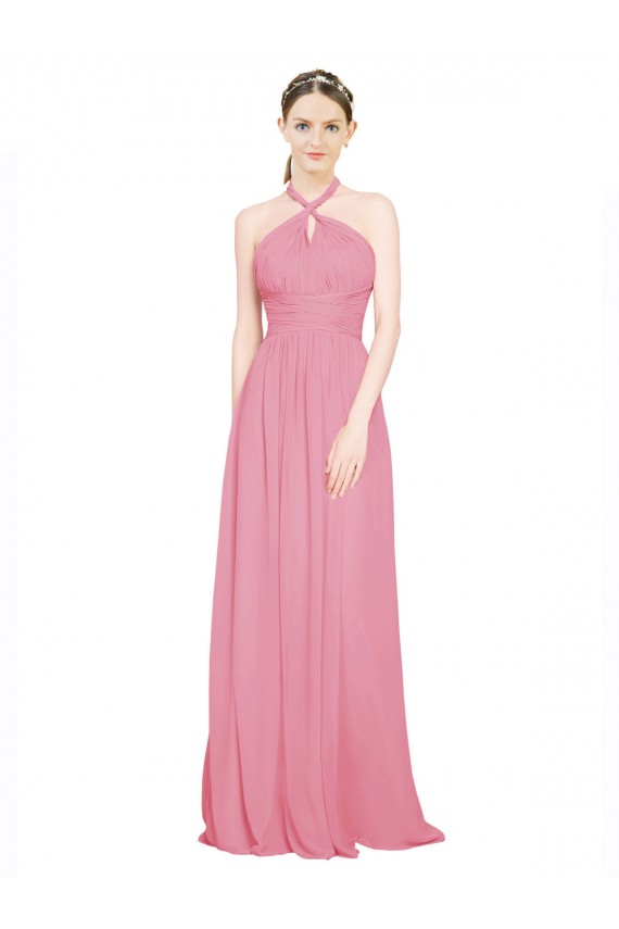 Mejores Piel rosa línea A Halter Cuello en V Gasa Largo Vestidos de dama de honor