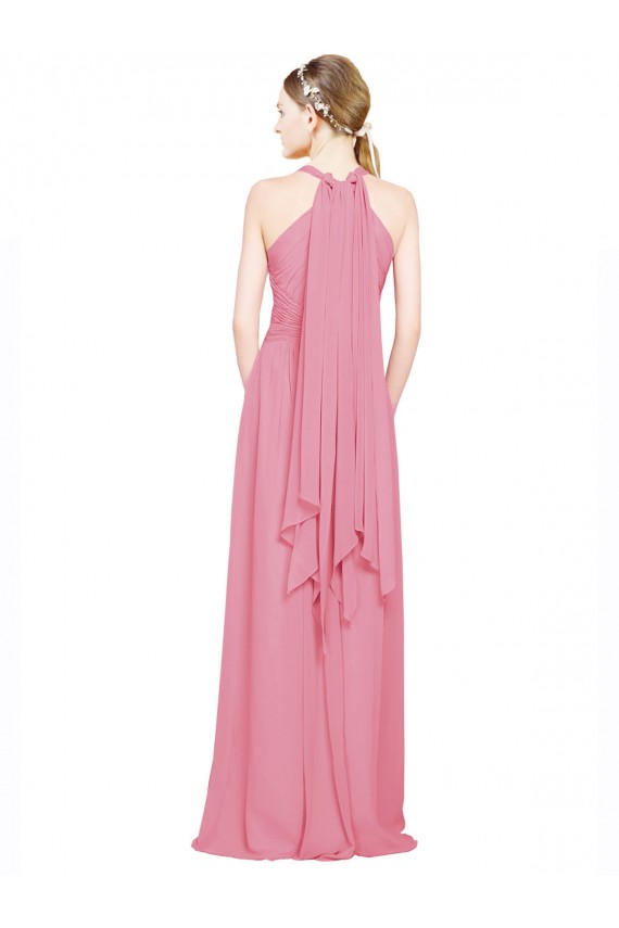 Mejores Piel rosa línea A Halter Cuello en V Gasa Largo Vestidos de dama de honor