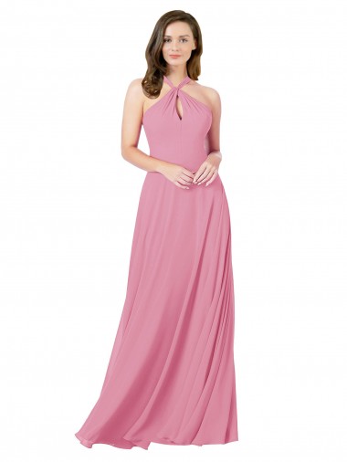 Mejores Piel rosa línea A Halter Gasa Largo Vestidos de dama de honor / Vestidos de fiesta