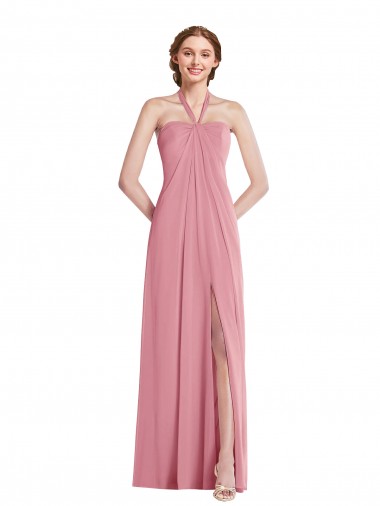 Mejores Piel rosa línea A Halter Gasa Largo Vestidos de dama de honor