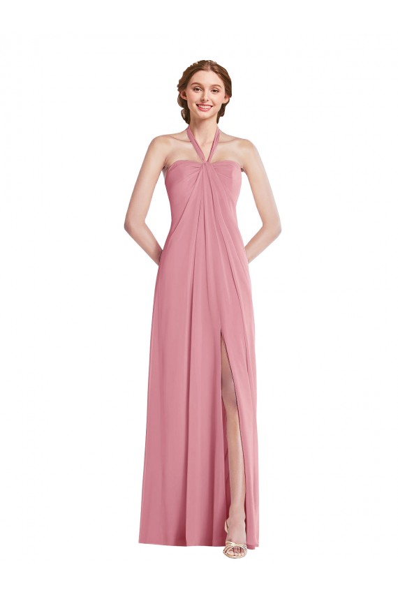 Mejores Piel rosa línea A Halter Gasa Largo Vestidos de dama de honor