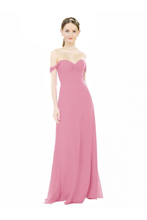 Mejores Piel rosa línea A Hombros Descubiertos Gasa Largo Vestidos de dama de honor