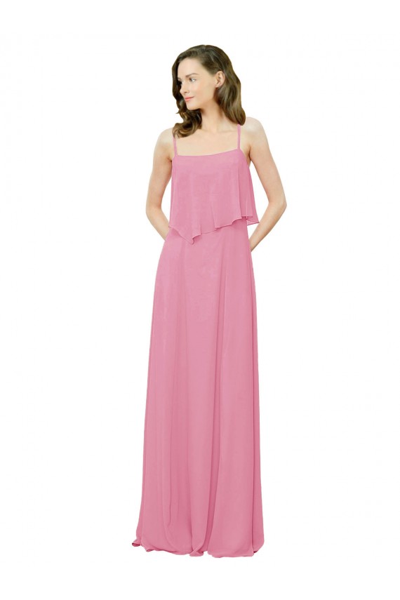 Mejores Piel rosa línea A Tirantes espagueti Gasa Largo Vestidos de dama de honor