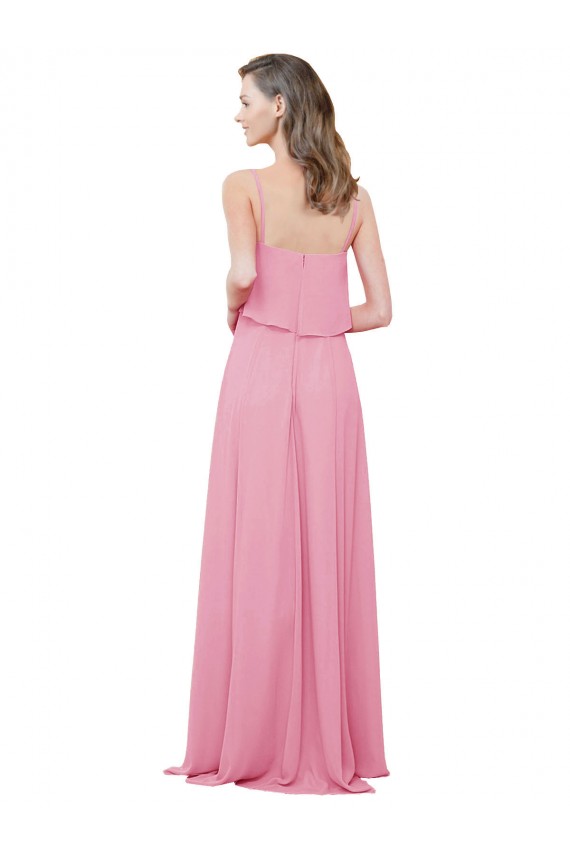 Mejores Piel rosa línea A Tirantes espagueti Gasa Largo Vestidos de dama de honor
