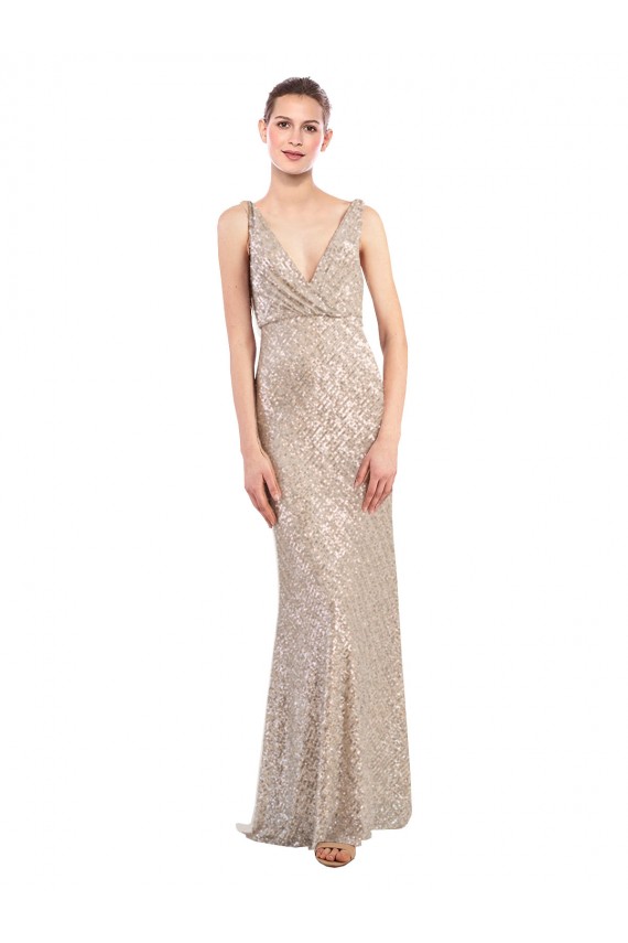 Mejores Plata Cubierta Cuello en V Lentejuela Lentejuelas brillantes Largo Formales Vestidos de dama de honor / Vestidos de fiesta