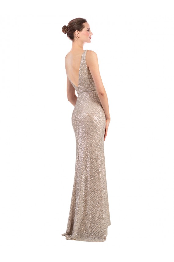 Mejores Plata Cubierta Cuello en V Lentejuela Lentejuelas brillantes Largo Formales Vestidos de dama de honor / Vestidos de fiesta